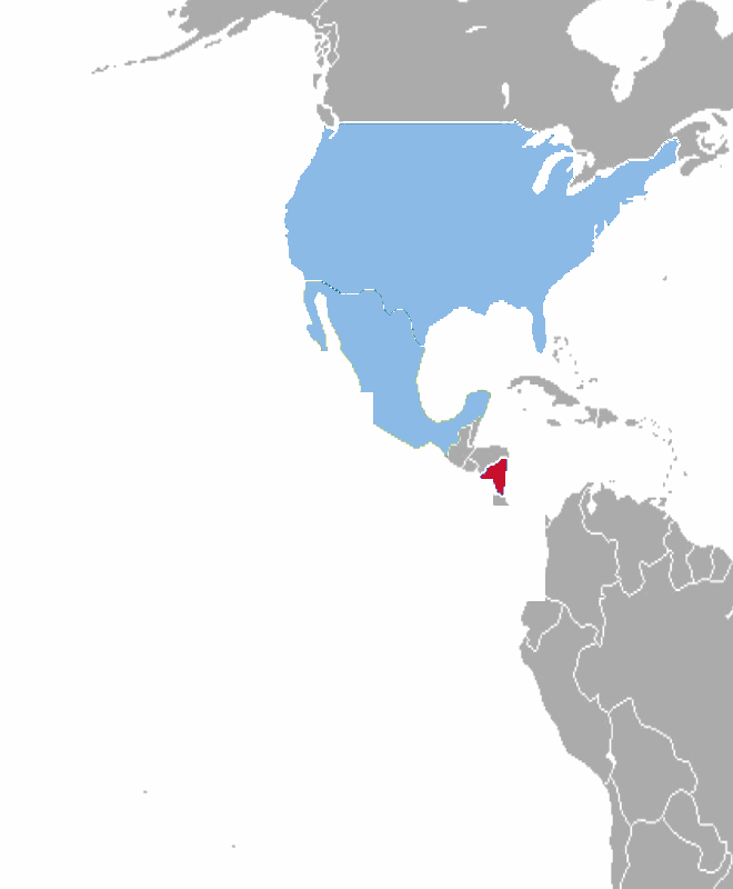 Map of the Americas highlighting the United States and Mexico in blue and Nicaragua in red.