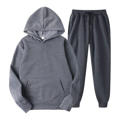 A grey hooded sweatshirt and matching jogger pants.