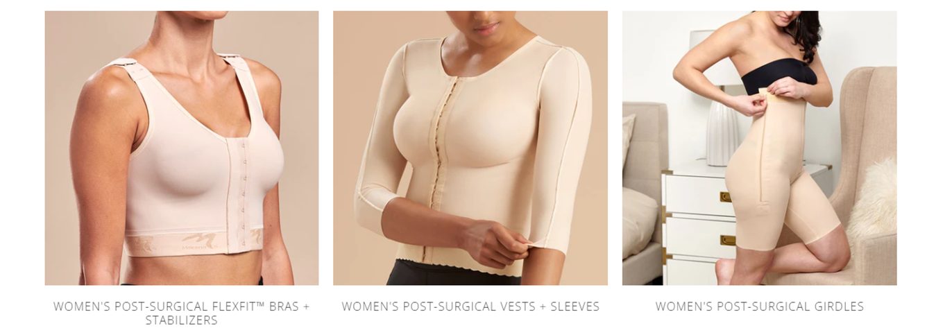 Three post-surgical garment types shown on models: front-closure bras and stabilizers, vests with sleeves, and compression girdles.