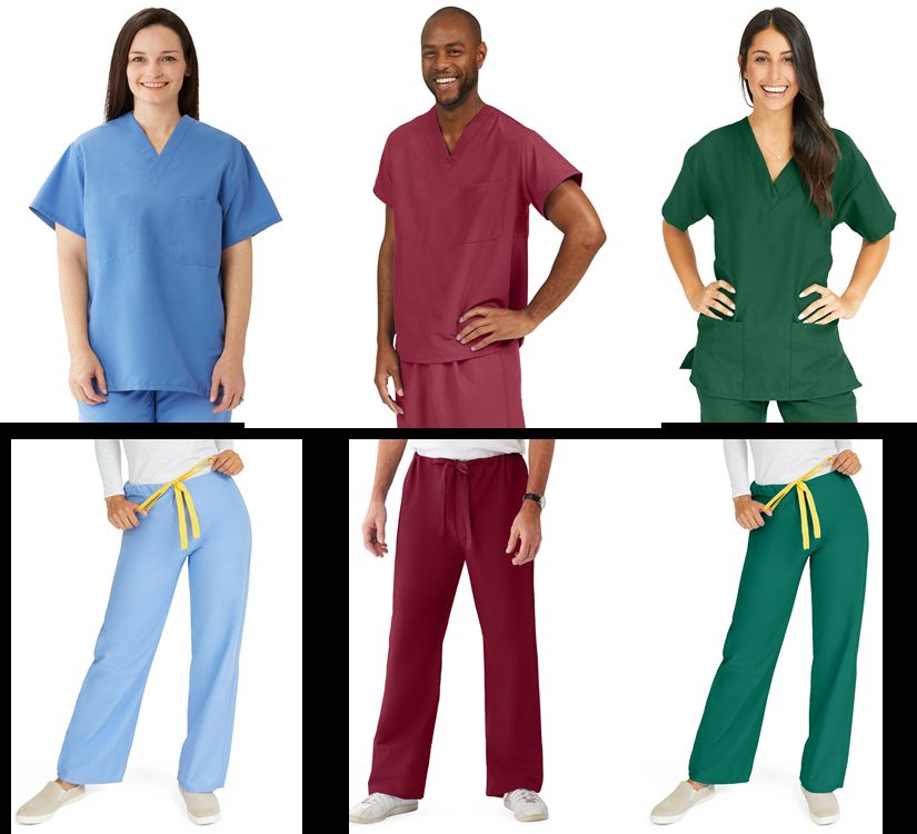 Scrub tops and bottoms shown in ceil blue, wine and hunter green on models.