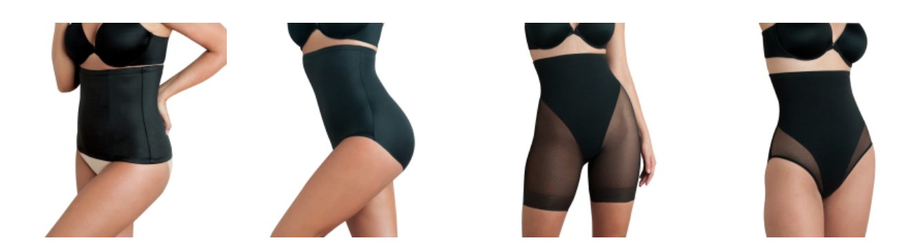 Four black shapewear styles: a waist cincher, high-waist brief, mesh-panel short and high-waist mesh brief.