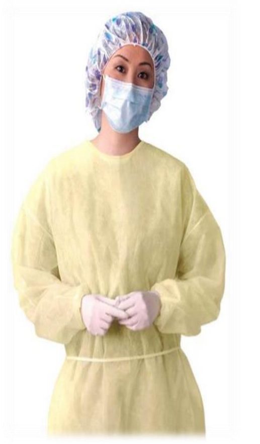 A yellow protective surgical gown worn with cap, mask and gloves.